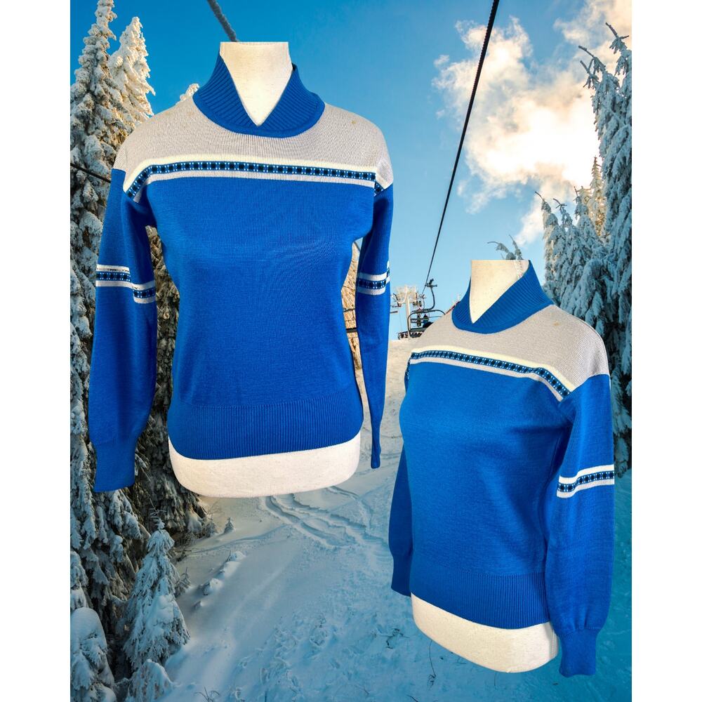 Vintage 80s 90s Tyrolia Scan Gray Blue Ski Sweater Size S